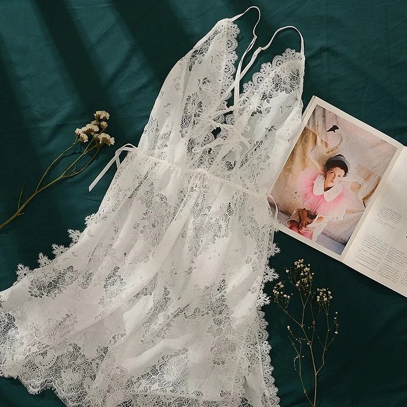 Floral Hollowed Out Lace Lingerie Spaghetti Strap Nightgown