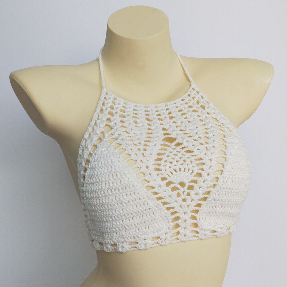 Lining Crochet Push Up Bra Hollow Out Halter Knitted Bikini Top