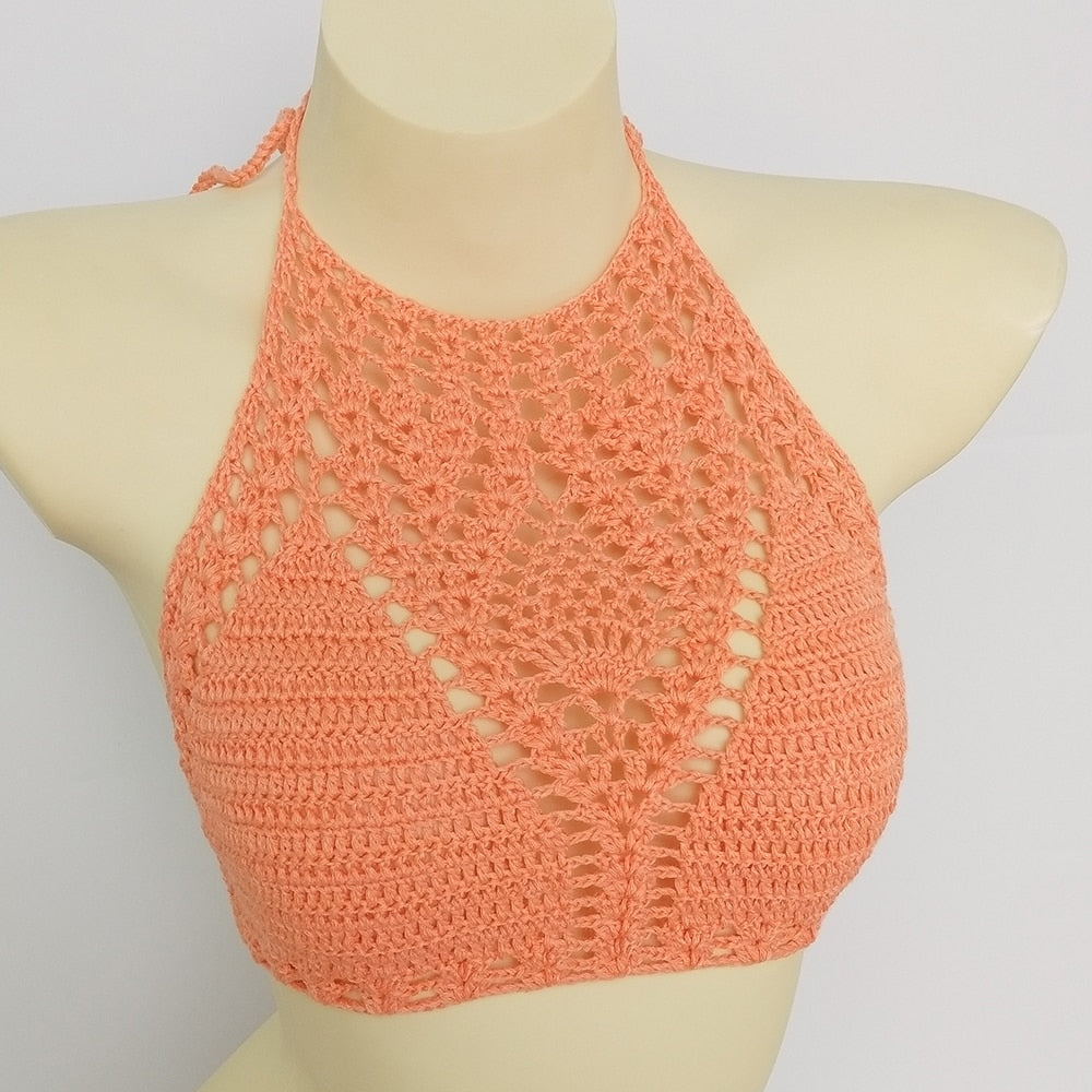 Lining Crochet Push Up Bra Hollow Out Halter Knitted Bikini Top