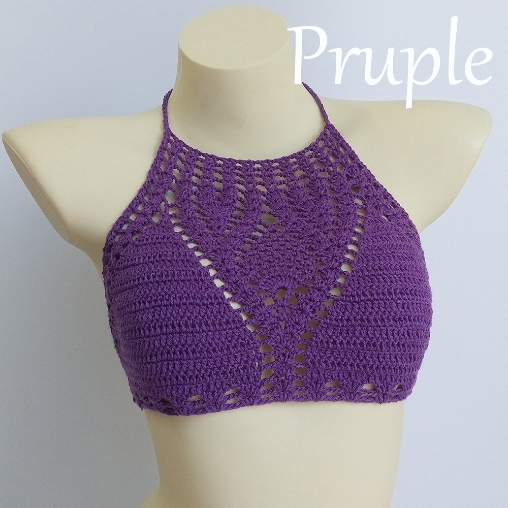 Lining Crochet Push Up Bra Hollow Out Halter Knitted Bikini Top