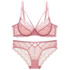 Floral Lace Unlined Deep V Hollow Bra Underwear Set