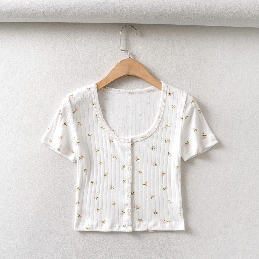 Floral O-Neck Single-breasted Button Short T-Shirt Crop Top