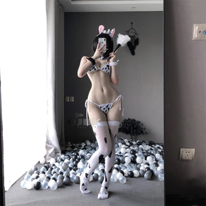 Cow Cosplay Maid Tankini Anime Bikini Bra Panty Stocking Set
