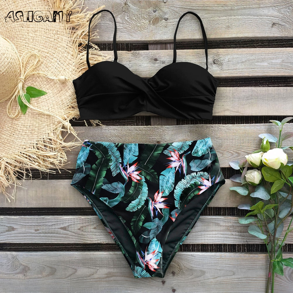 Leaf Print Push Up Bikinis Set High Waist Swimming Suits