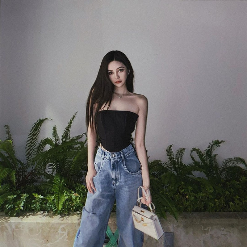 Off Shoulder Strapless Lace Up Bustier Corset Crop Tops