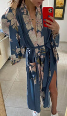 Long kimono with 3/4 sleeves and embroidery