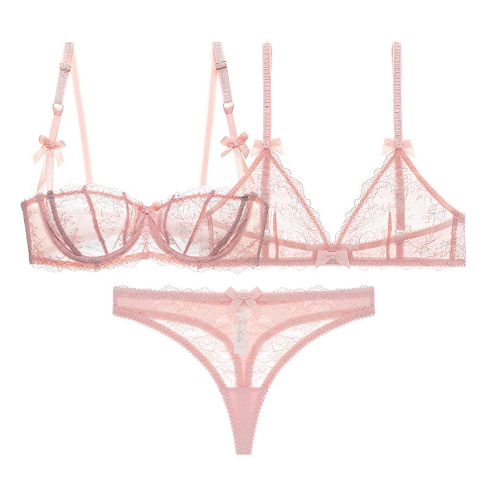Half Cup Floral Lace Bra and Thong 3-Piece Set
