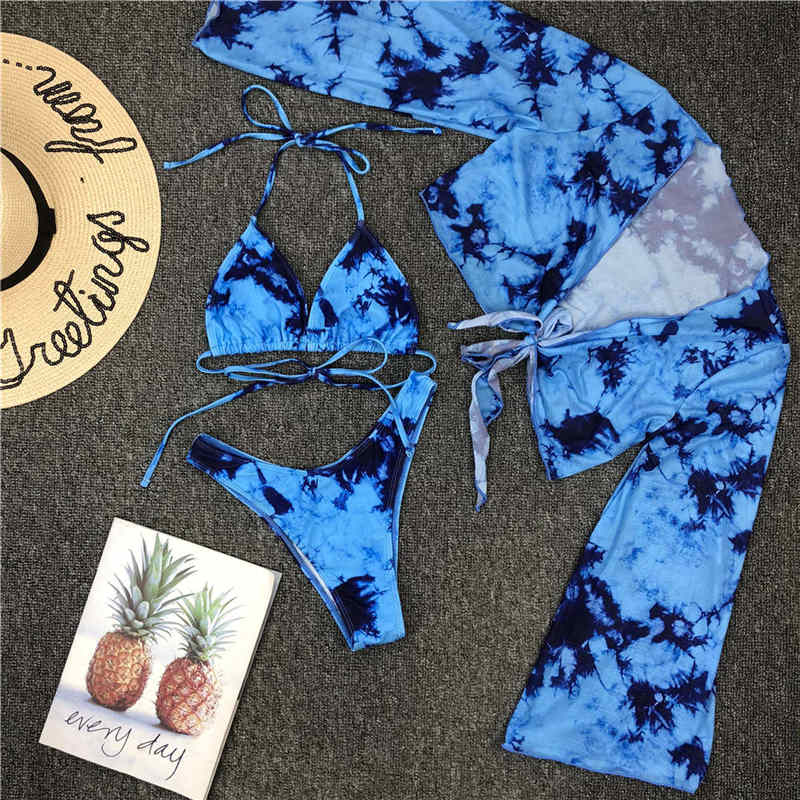 Women's Chic Tie Dye Swimwear 3-Pieces Halter Bikini Set