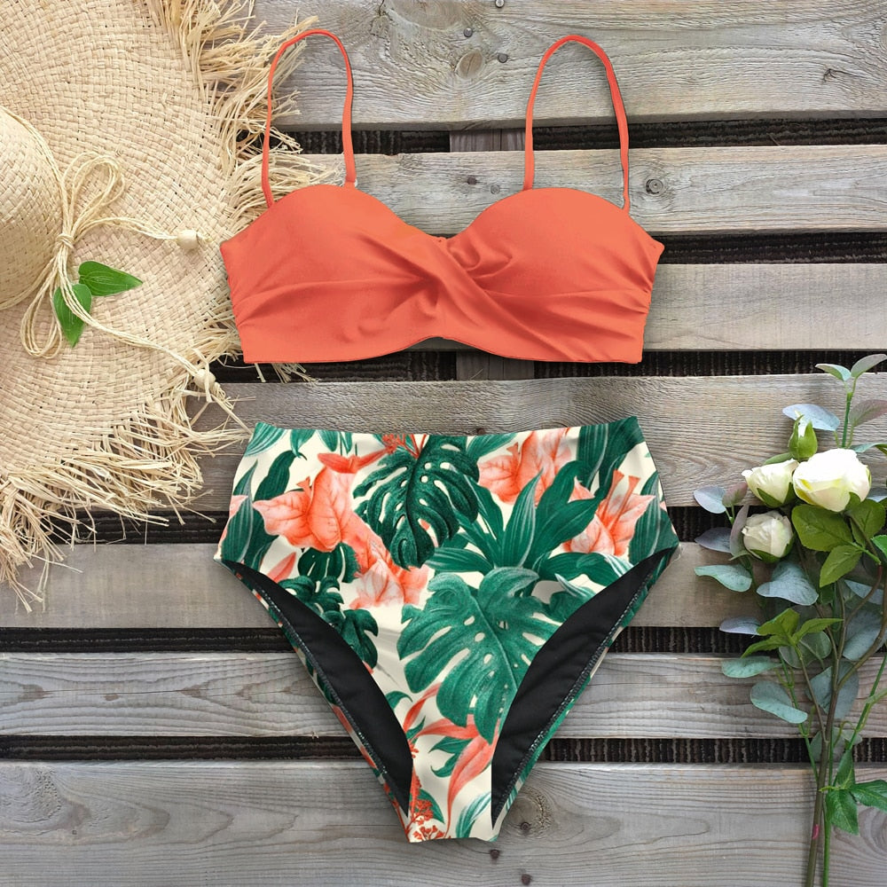 Leaf Print Push Up Bikinis Set High Waist Swimming Suits