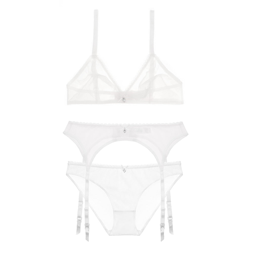 Mesh Deep V Wire Free Bra Panty Garter Lingerie Set