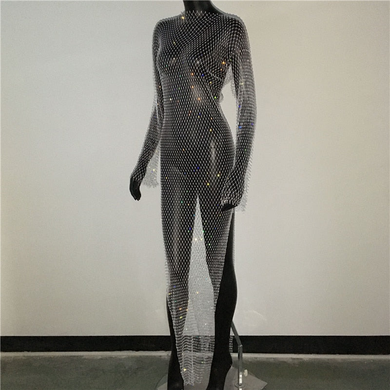 Shiny Rhinestones Grid Long Dress