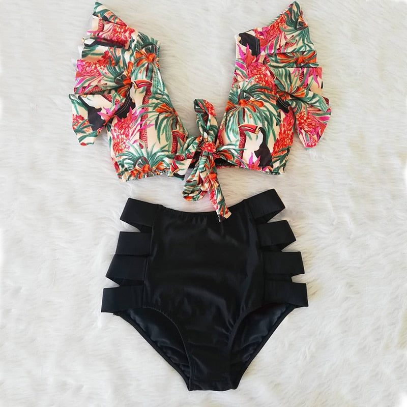 High Waist Ruffle Swimwear Floral Print Push Up Bikinis