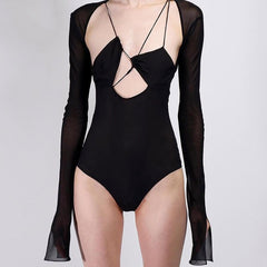 Deep Sexy V-Neck Short Slim Lace Long Sleeve Bodysuits