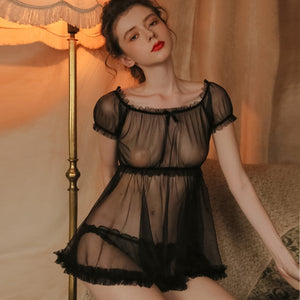 Sexy Thin Transparent Tops Temptation Women Pajamas Set