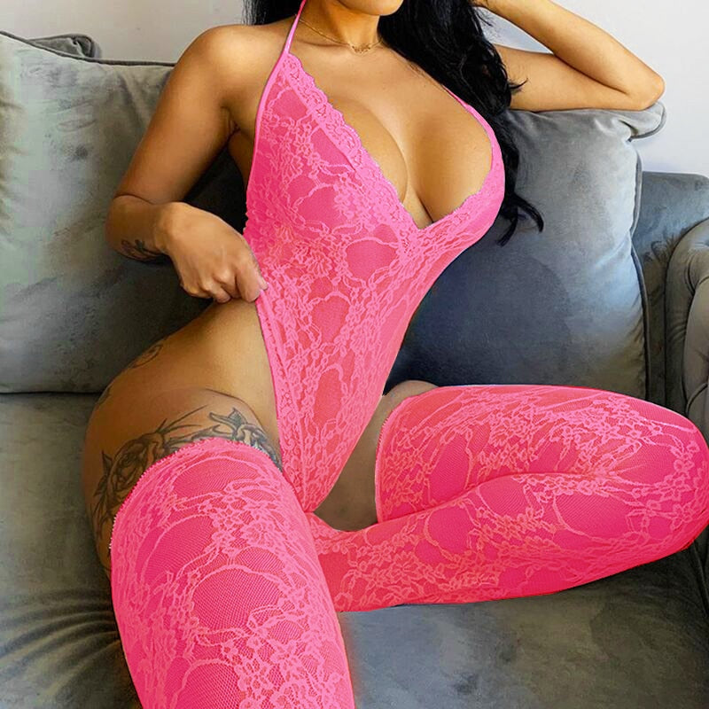 Lace Mesh Backless Sling V-Neck Transparent Lingerie