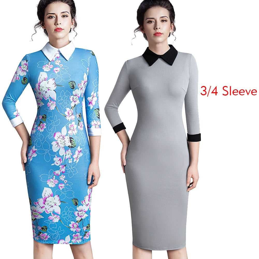 Vintage Turn-Down Collar Fit Pencil Bodycon Midi Dress