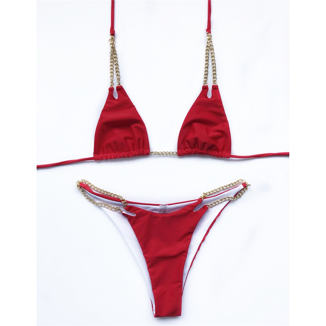 Sexy Halter Bikini Metal Chain Two-pieces Swimsuit