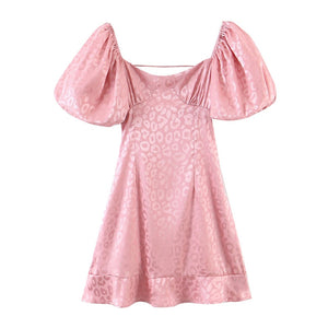 Retro Leopard Pink Satin Lantern sleeve Backless Mini Dress