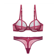 Lace Unlined Transparent Three Quarters Yarn Thong Bra Set