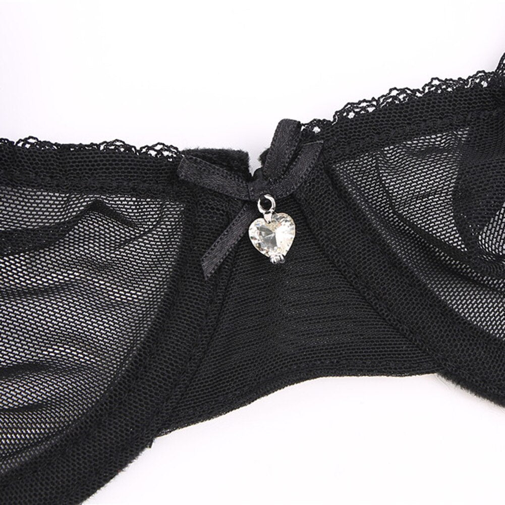 Lace Unlined Transparent Three Quarters Yarn Thong Bra Set