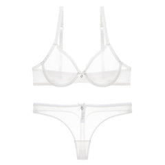 Lace Unlined Transparent Three Quarters Yarn Thong Bra Set