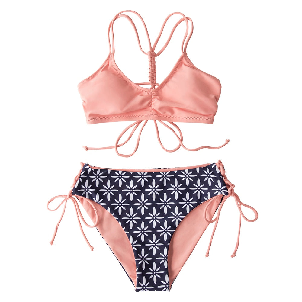 Stripe Floral Bikini Sets Low Waist Two Pieces Swimwear