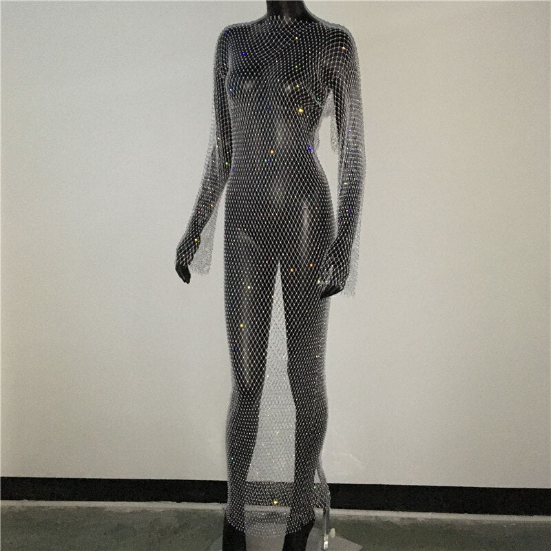Shiny Rhinestones Grid Long Dress