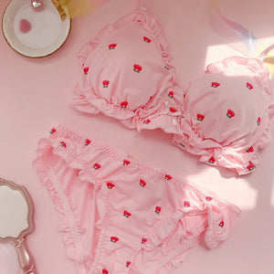 Strawberry Print Milk Silk Wire Free Underwear Bra and Panty Set