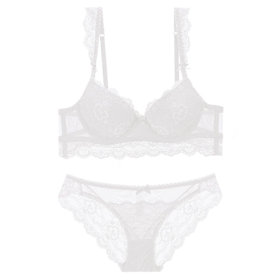 Cotton Push Up Thick Embroidery Lace Bra Underwear Set