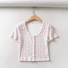 Floral O-Neck Single-breasted Button Short T-Shirt Crop Top