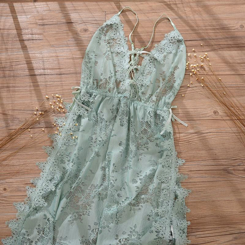 Floral Lace Transparent Low-Cut Deep V Backless Sleepwear Lingerie