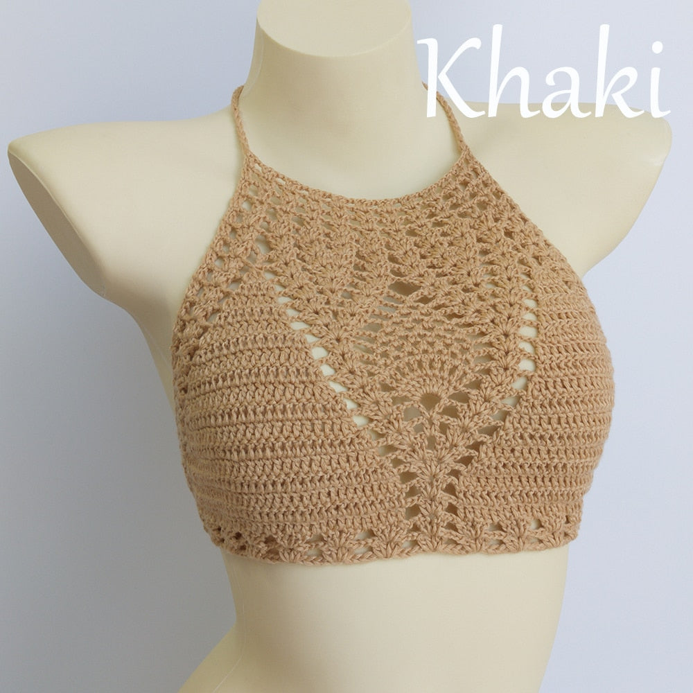 Lining Crochet Push Up Bra Hollow Out Halter Knitted Bikini Top
