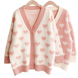 Knitted Cardigan Loose V-Neck Sweater With Heart-Shaped Pattern