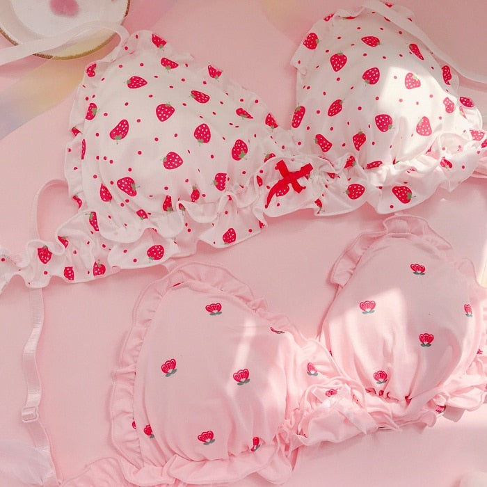 Strawberry Print Milk Silk Wire Free Underwear Bra and Panty Set