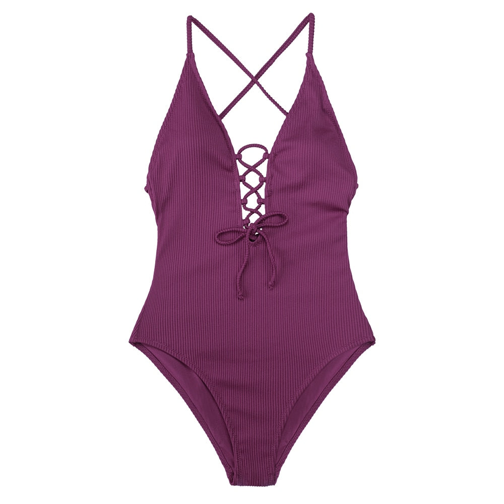 Solid 1-Piece Swimsuit Women Backless V Neck Lace Up Monokini