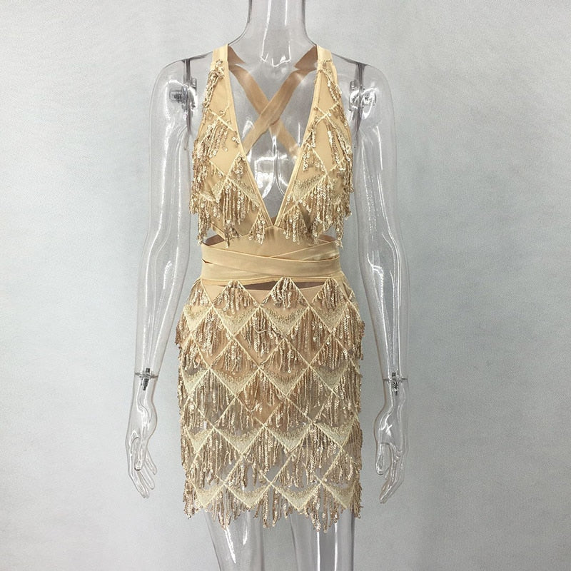 Women Sequins Fringed Bandage  Party Dress