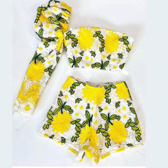 Lace Puff Sleeve One-Shoulder Hollow Out Top & Short Set