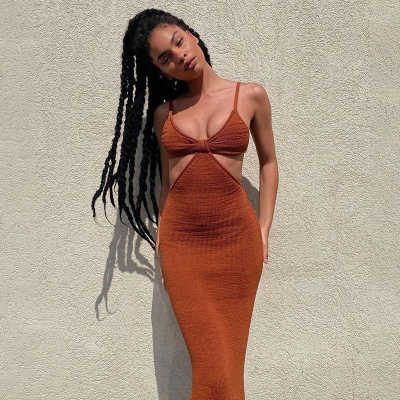 Knitted Maxi Dress Sexy Cut Out Backless Bodycon Dress