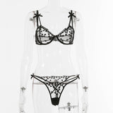 Heart Embroidery Lace Transparent Bra And Panty Lingerie Set