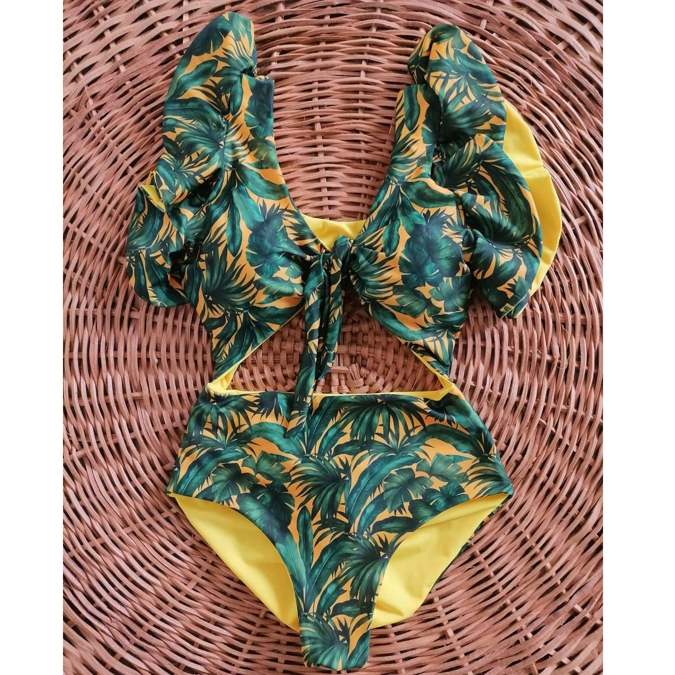 Sexy Print Deep V-Neck Swimsuit Ruffle Push Up Backless Monokini