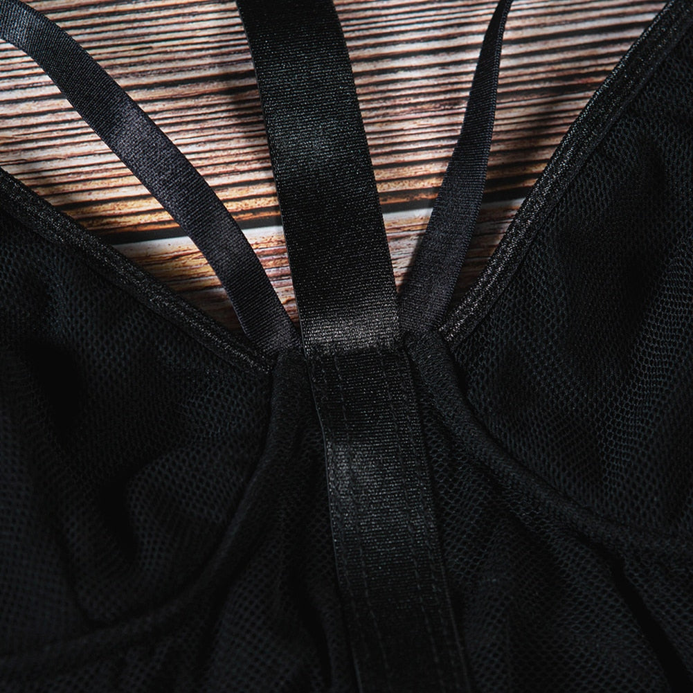 Hollow Out Strap Halter-Neck Mesh One-Piece Bodysuit
