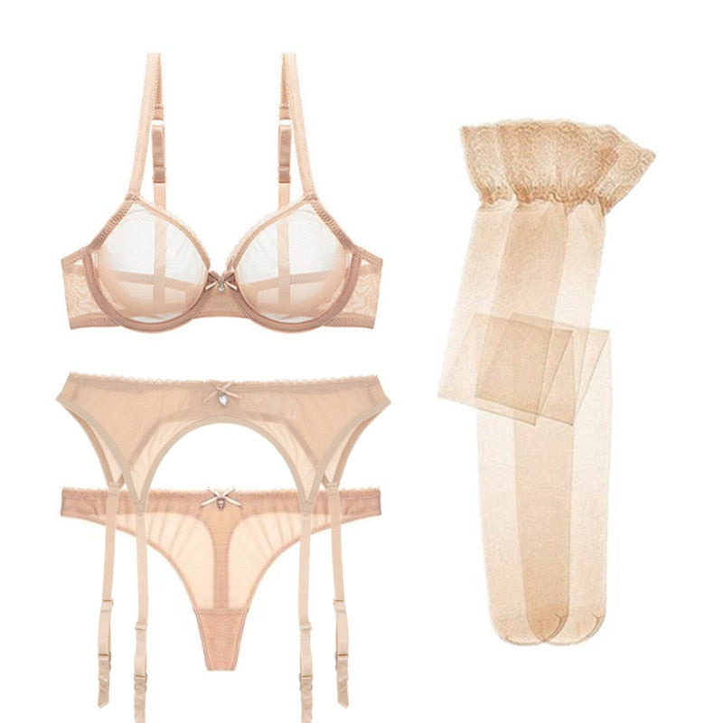 Ultra-Thin Yarn Lingerie Set Bra Garters Thongs Stockings