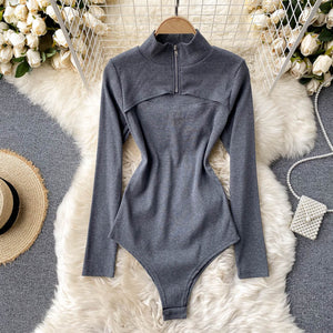 Knitted Stand Collar Long Sleeve Hollow Out Bodysuit Rompers