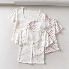 Floral O-Neck Single-breasted Button Short T-Shirt Crop Top