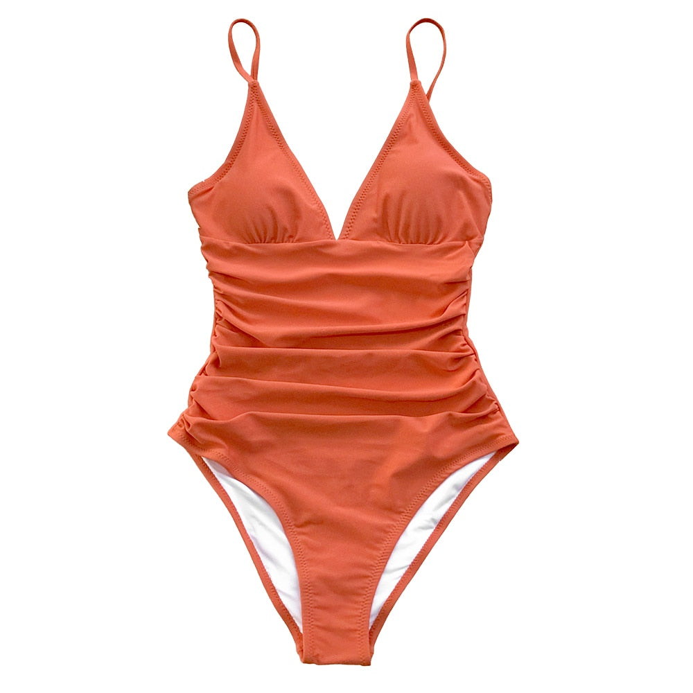 Shirring One-Piece Swimsuit Deep V-Neck Plain Monokini