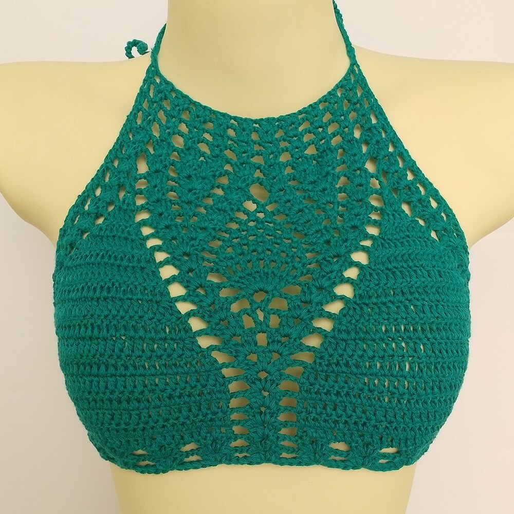 Lining Crochet Push Up Bra Hollow Out Halter Knitted Bikini Top