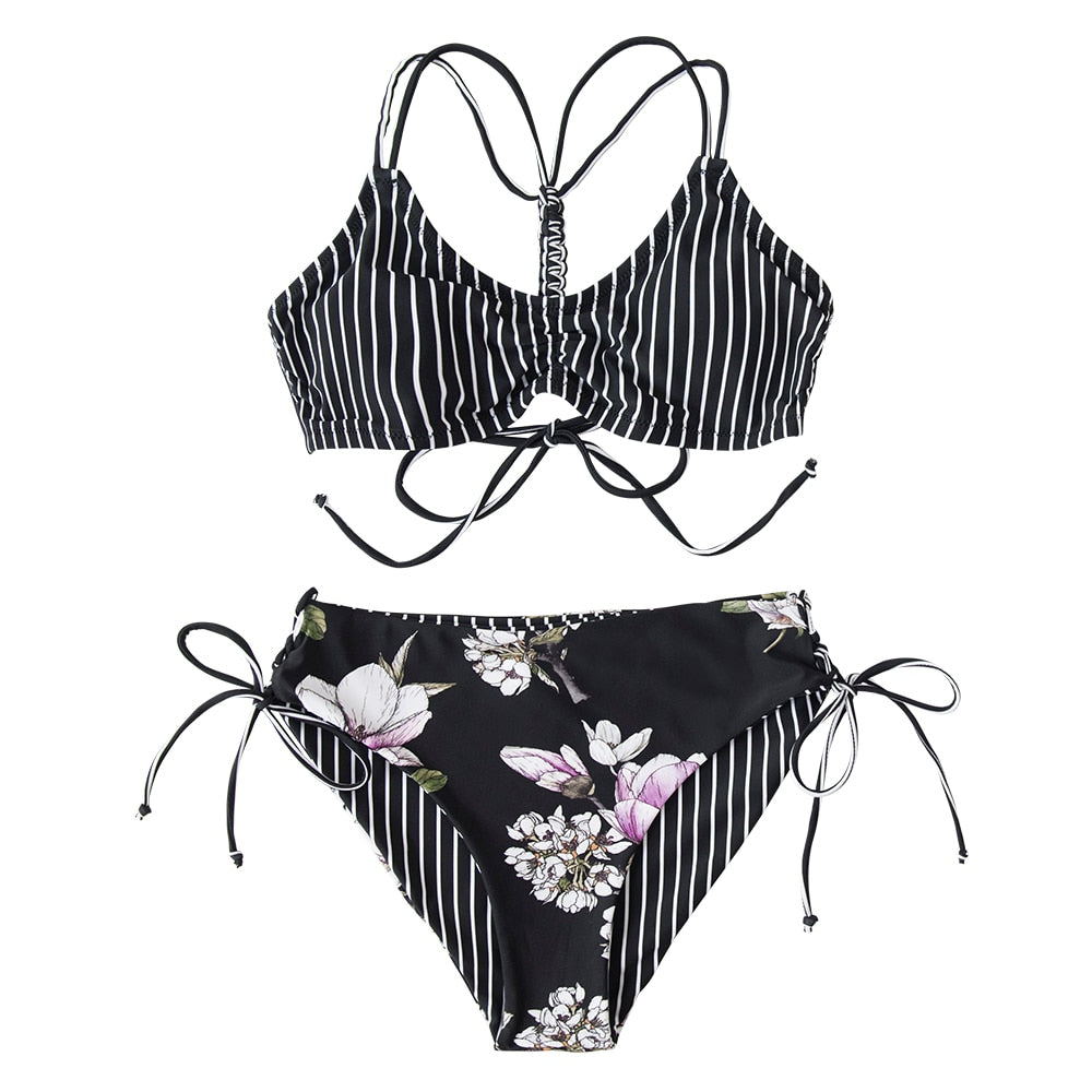 Stripe Floral Bikini Sets Low Waist Two Pieces Swimwear