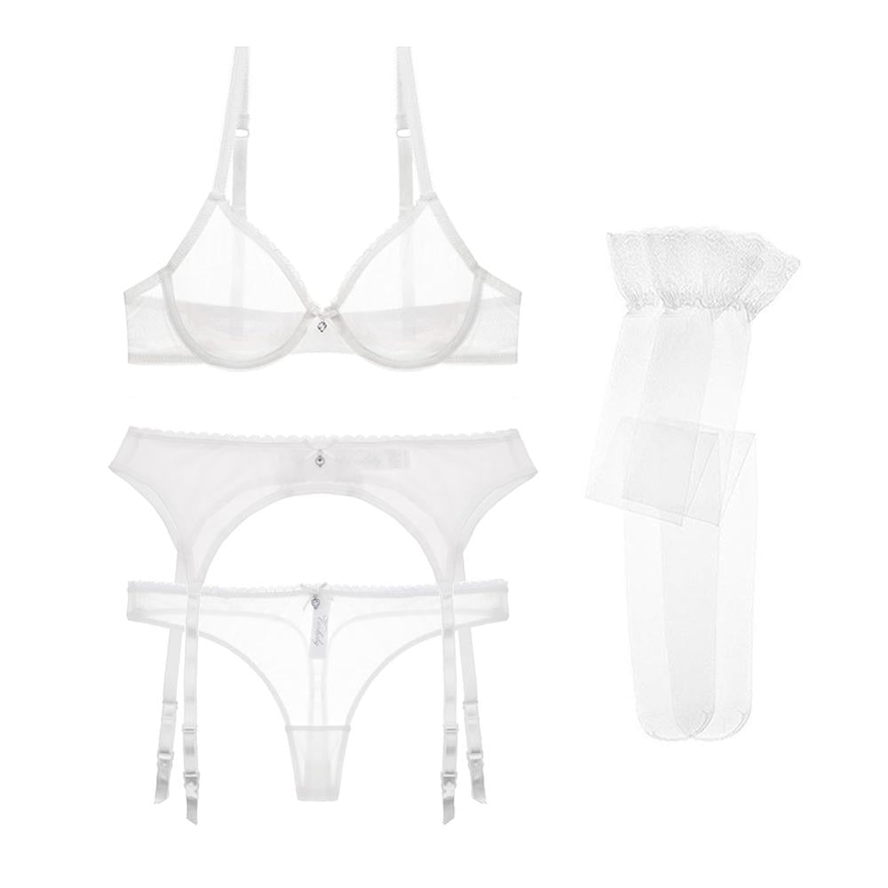 Ultra-Thin Yarn Lingerie Set Bra Garters Thongs Stockings