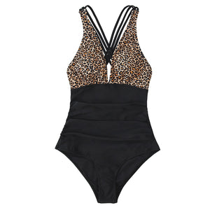 Sexy Leopard V-Neck Swimsuit Crisscross Back Monokini