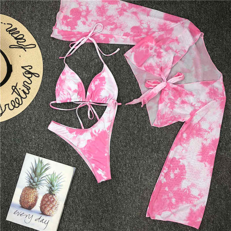 Women's Sexy Tie Dye Swimwear 3-Pieces Halter Bikini Set